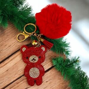 ✨ Sparkling Red Bear Keychain with Fluffy Pom Pom